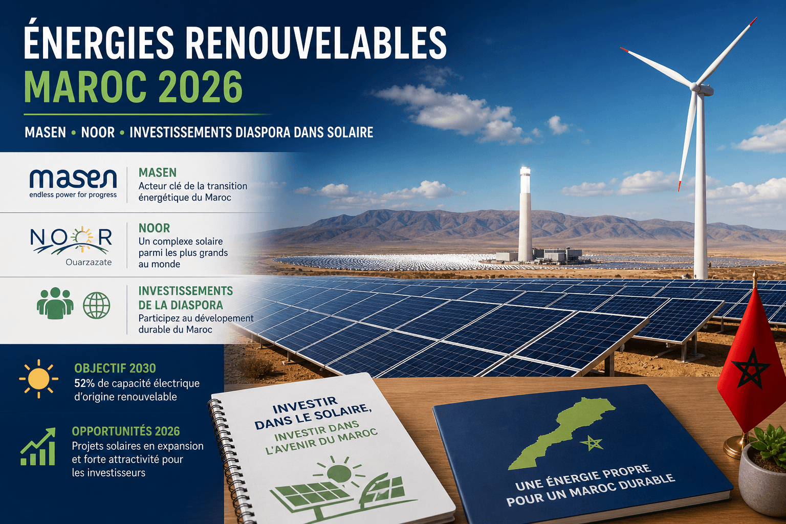 Énergies renouvelables au Maroc en 2026 : MASEN, Noor et les options concrètes pour les MRE investisseurs